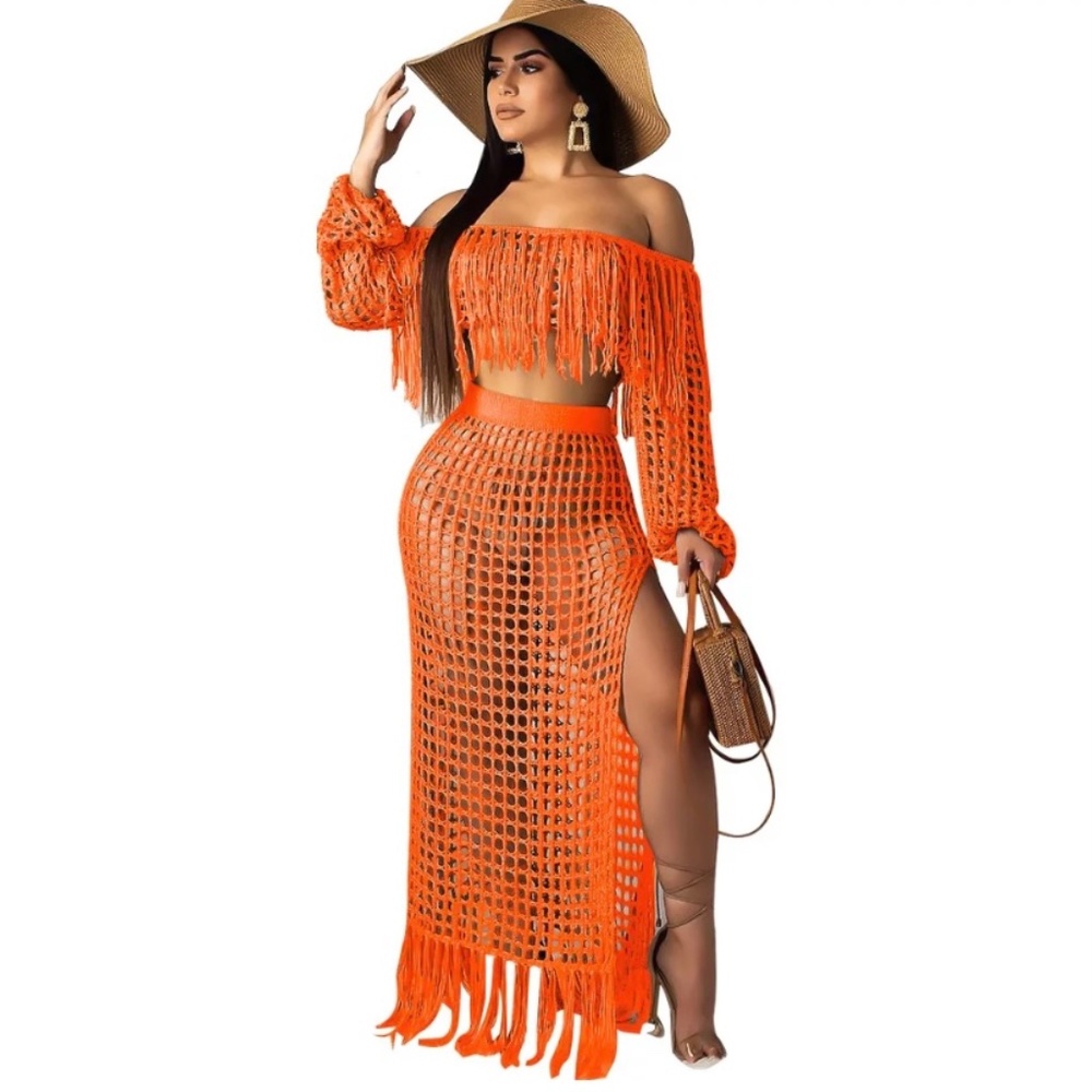 Two Piece Off Shoulder Tassel Swim